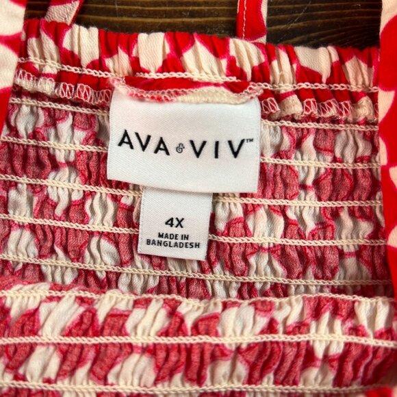 Ava & Viv Red & White Smocked Midi Dress Size 4X Puff Sleeves & Square Neckline - Picture 6 of 10